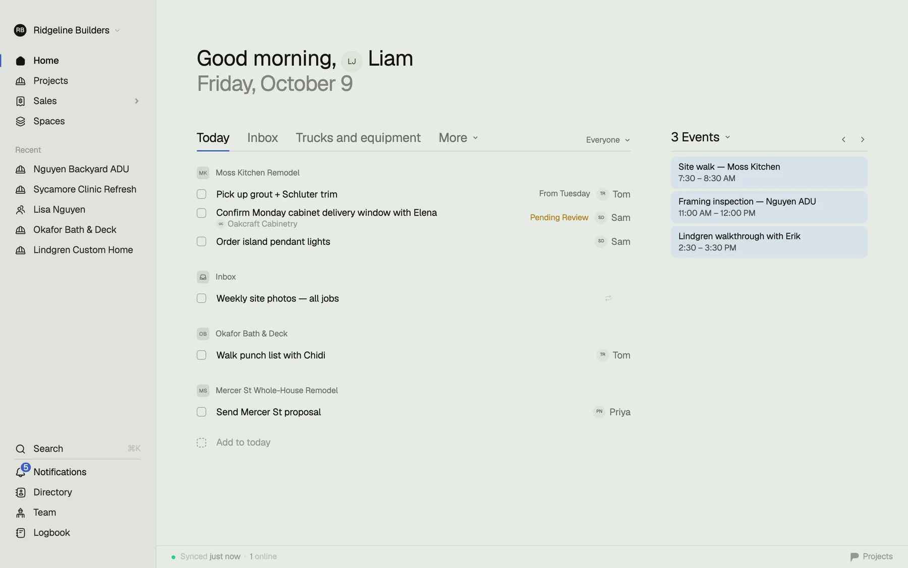 The web app's Home with its rail: the greeting, today's meetings, and today's tasks across every job with who has each one
