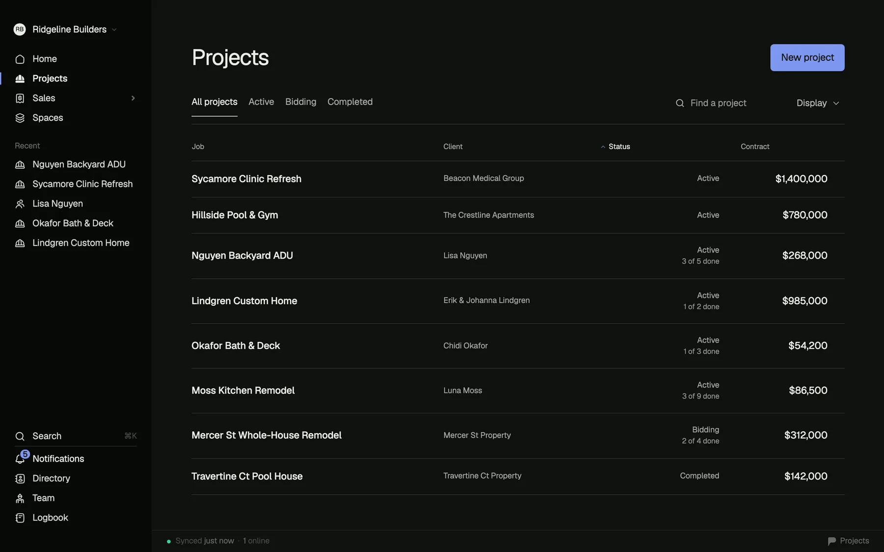 The Projects register: eight jobs with their clients, status and contract value