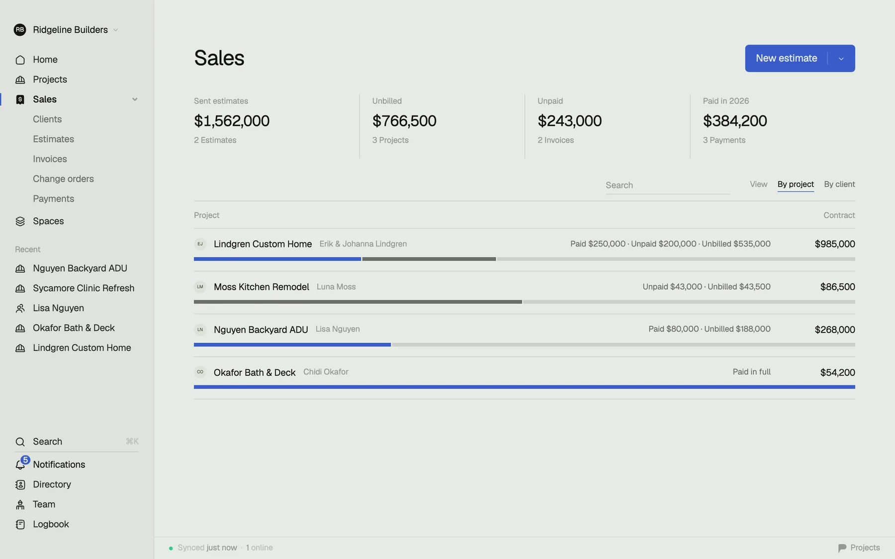 Sales: $1,562,000 in sent estimates, the unbilled, unpaid and paid totals, and every job's contract with what is paid and owed