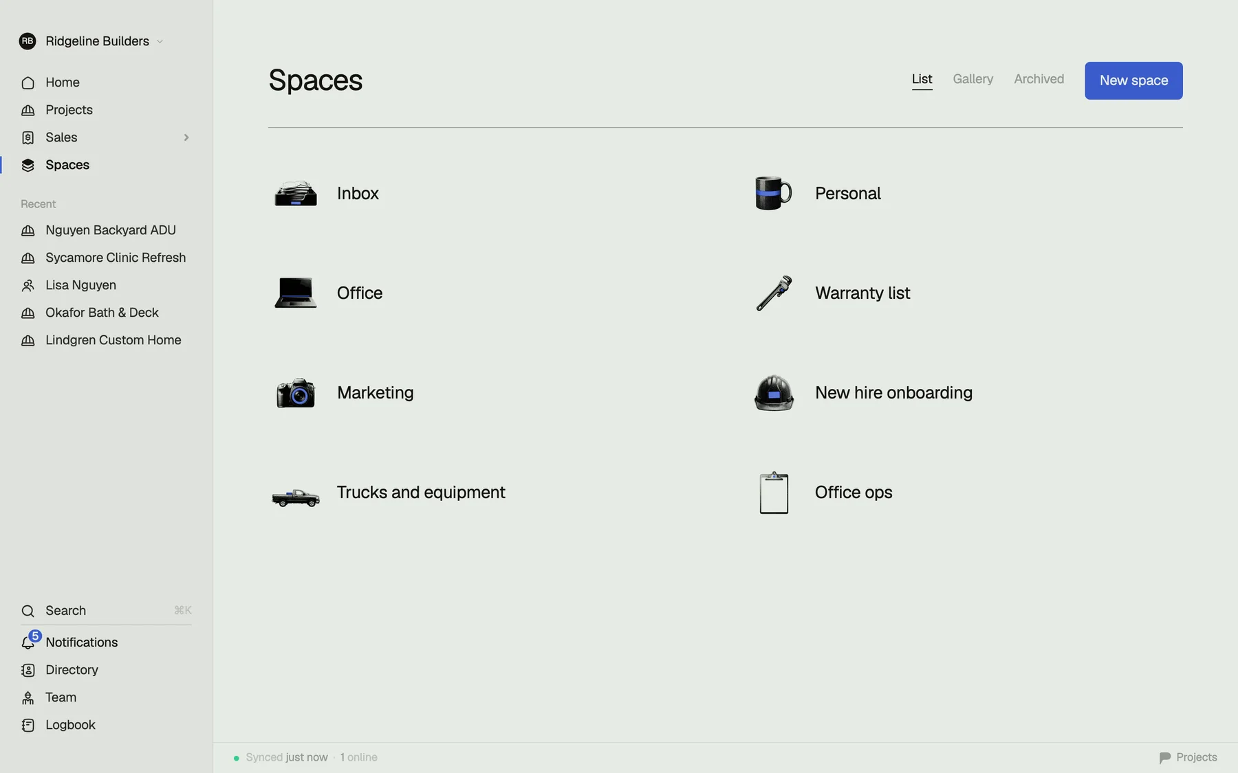 Spaces: the Inbox, Personal, Office, Warranty list, Marketing, New hire onboarding and Trucks and equipment