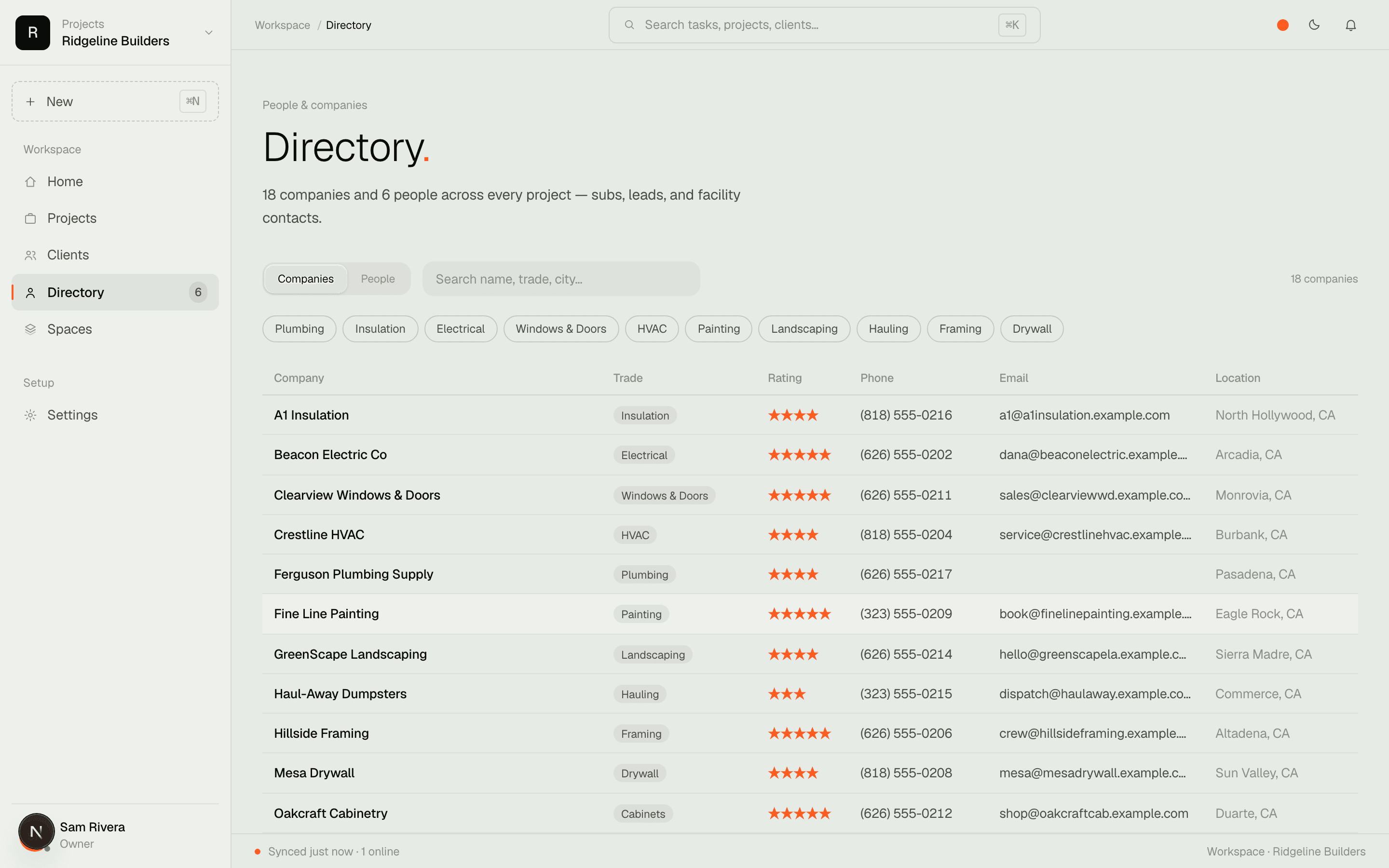 The Directory — subs and suppliers with trades, ratings, and licenses, searchable