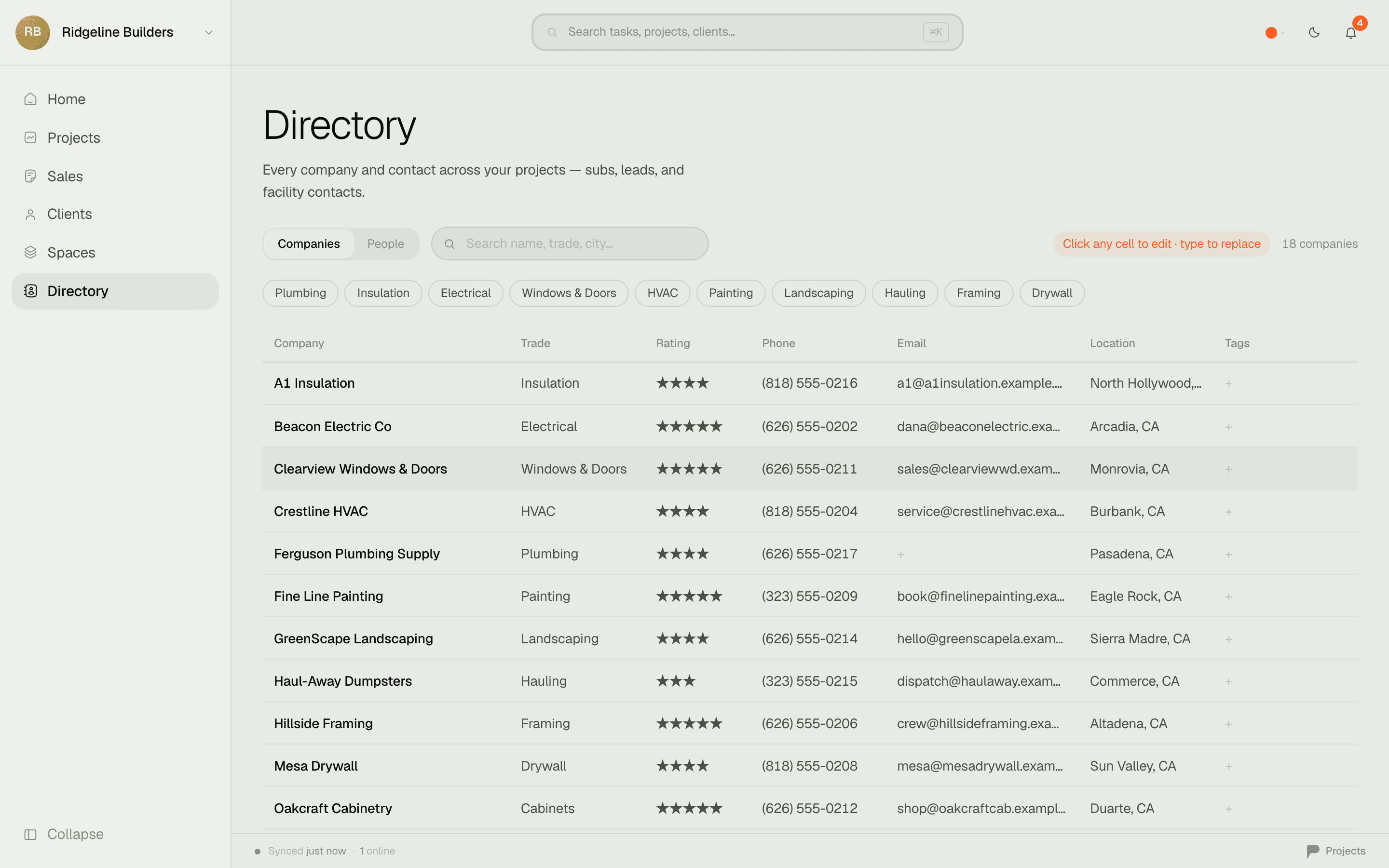 The Directory — subs and suppliers with trades, ratings, and licenses, searchable