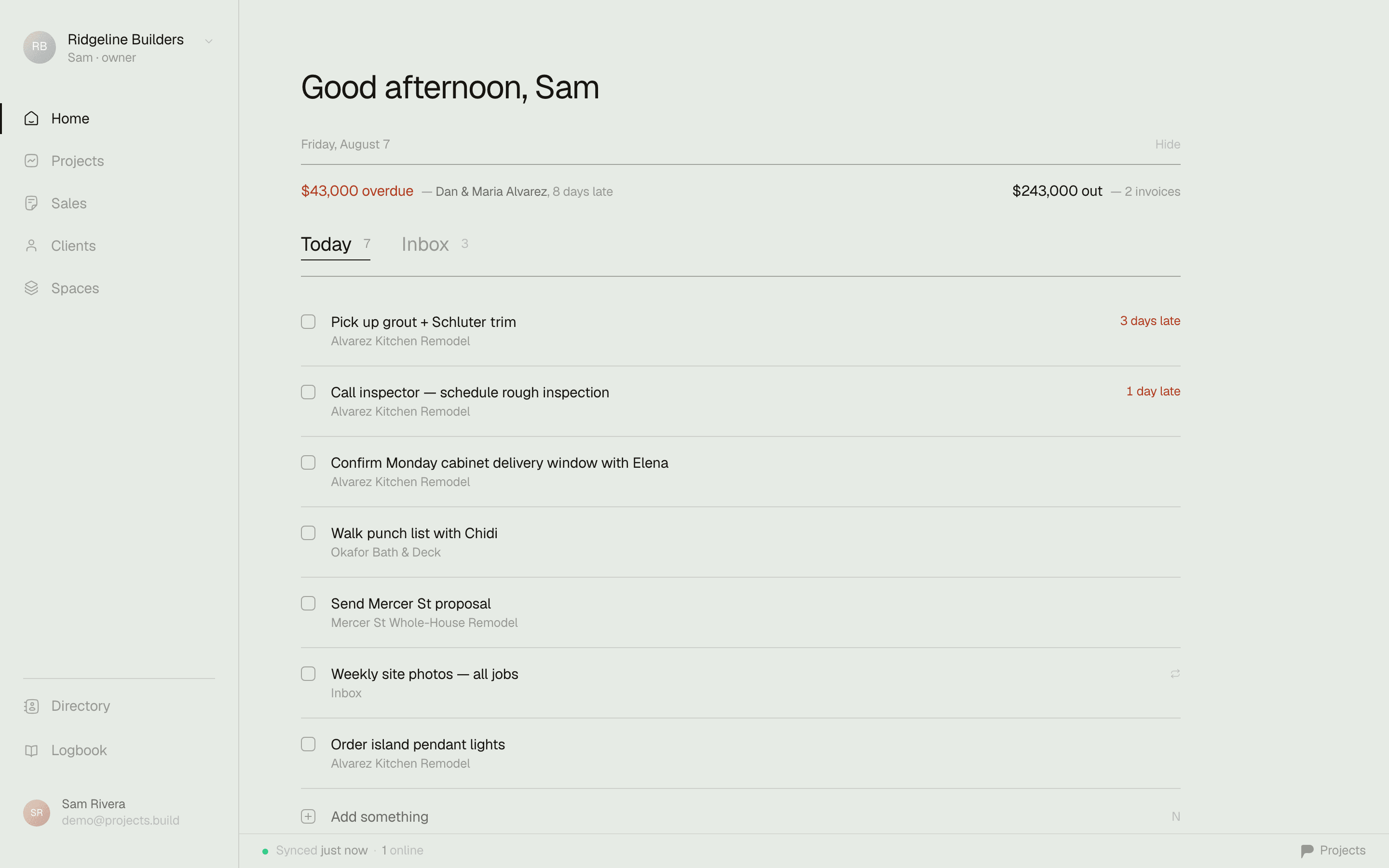 Projects home — every job's tasks and money in one place