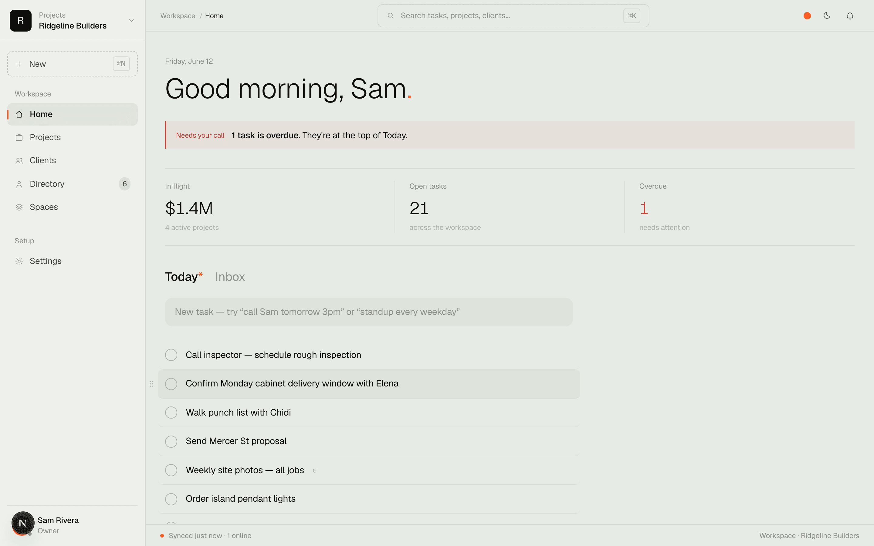 Projects home — today's tasks across every job, $1.4M in flight