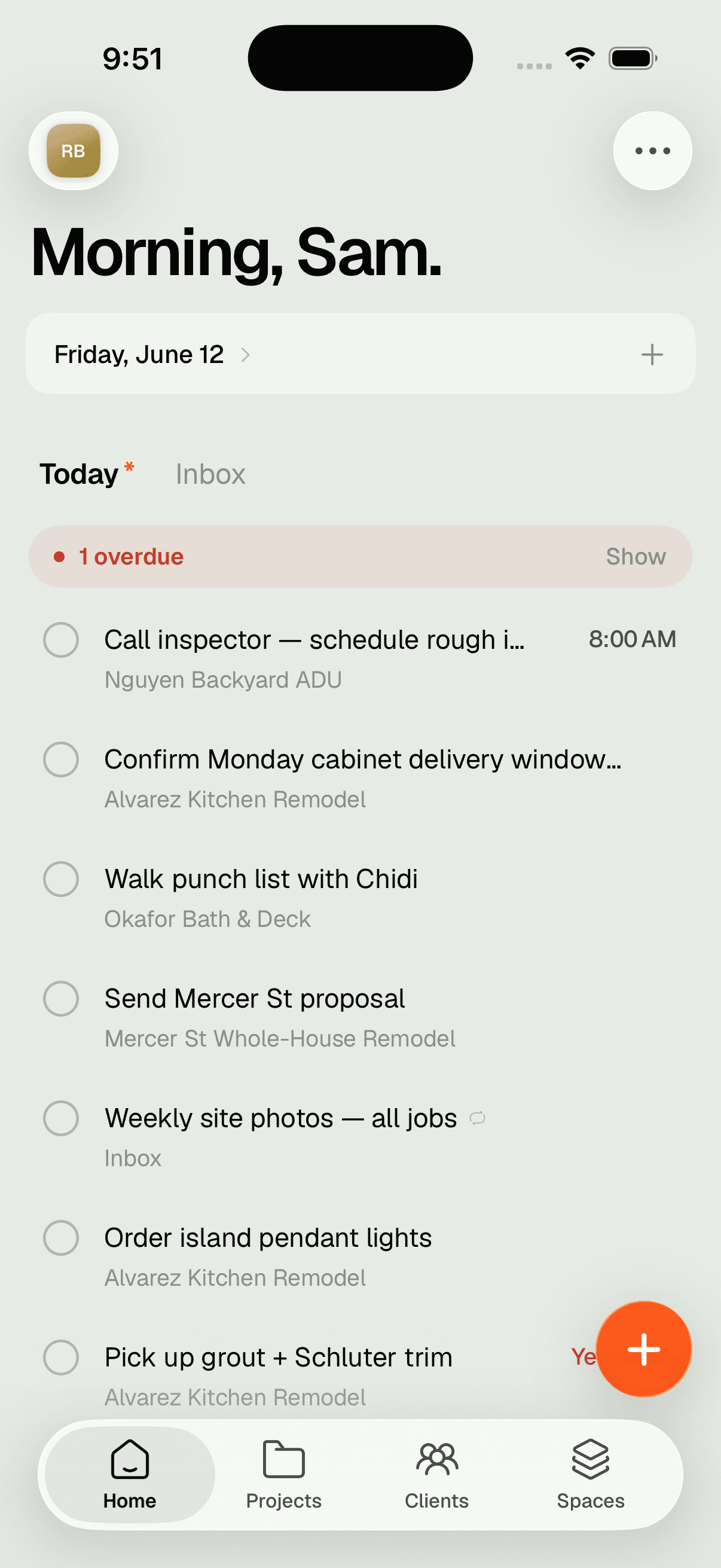 Today on iPhone — every job's tasks, the overdue one on top, quick-add a thumb away