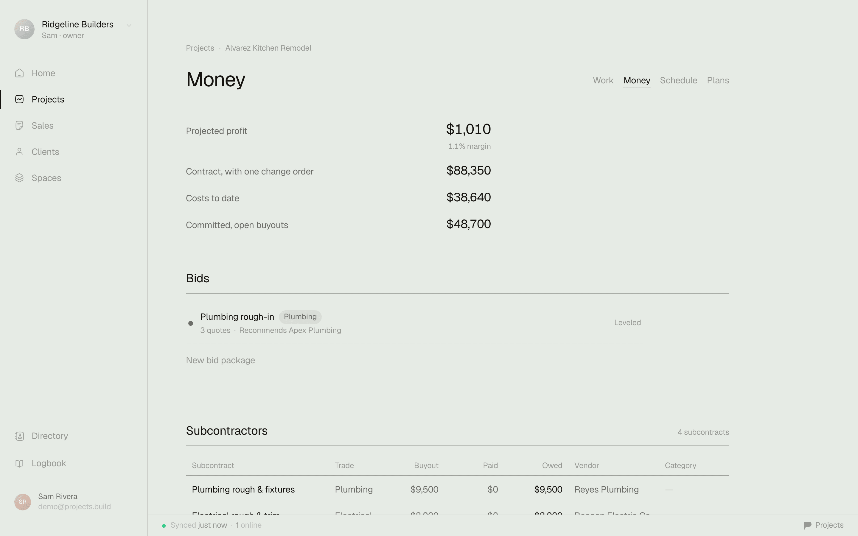 A project's Money tab — contract $985,000, spent $756,150, remaining $228,850, pending change orders $8,900, with every expense linked to its vendor