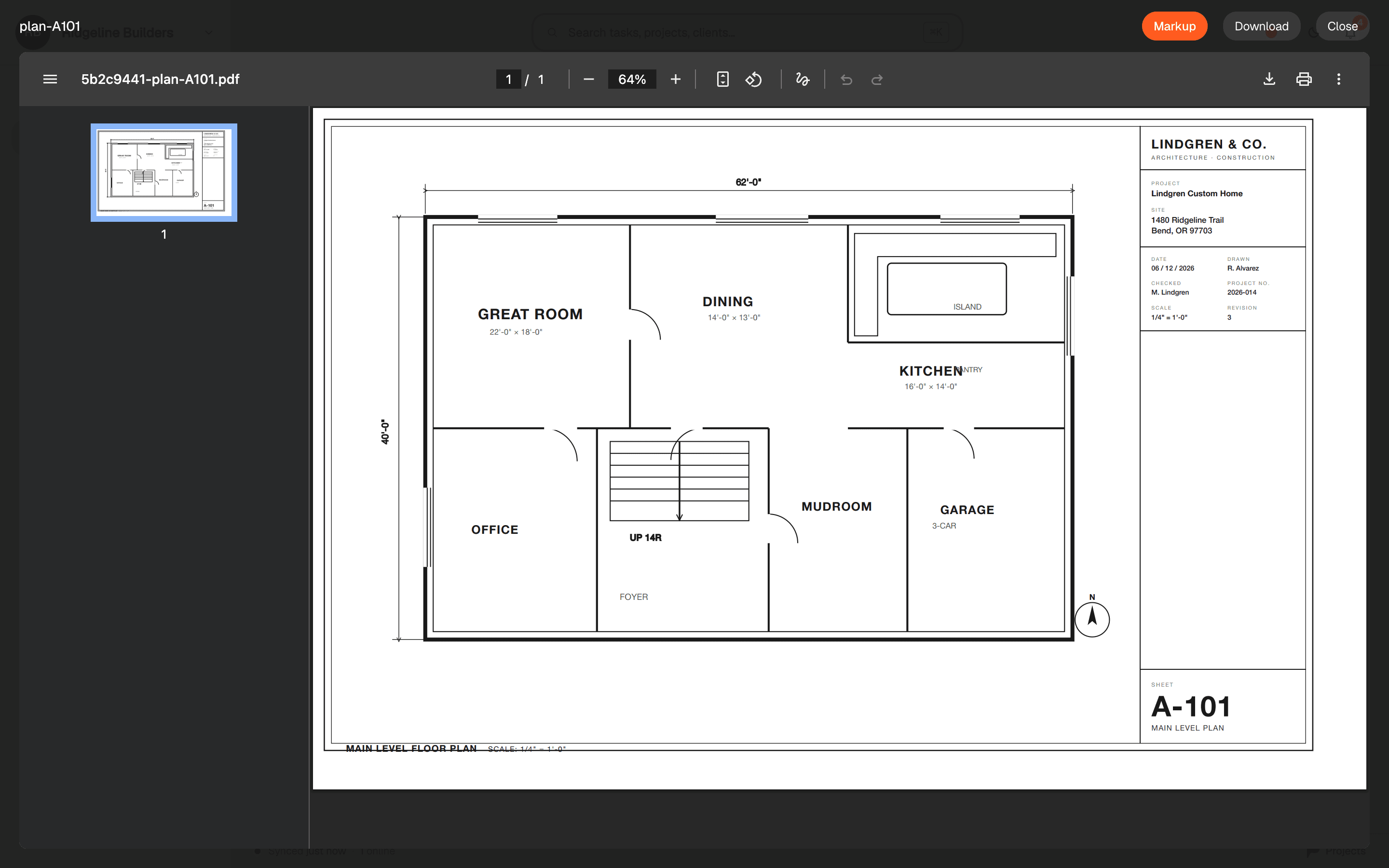 The Plans viewer — an A-101 floor plan sheet open with markup, zoom, and page thumbnails