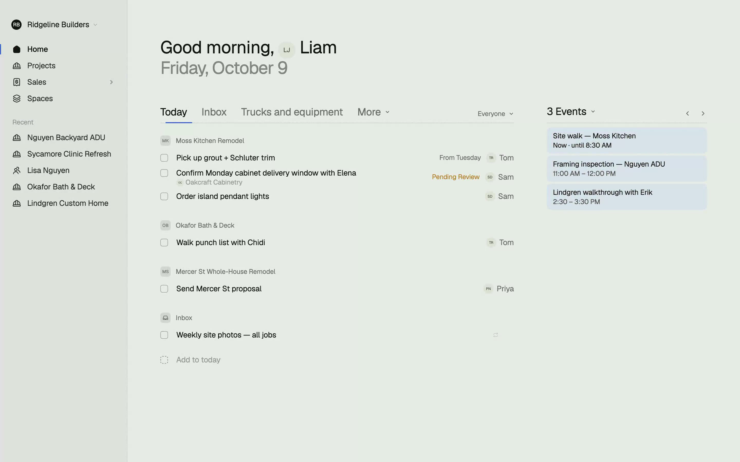 The Projects web app in use: a task typed on Home, a job opened, a phase dragged on the schedule with its dependents following, and the money overview